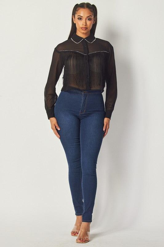 Western Chic Rhinestone Embellished Fringe Front Blouse Product Image