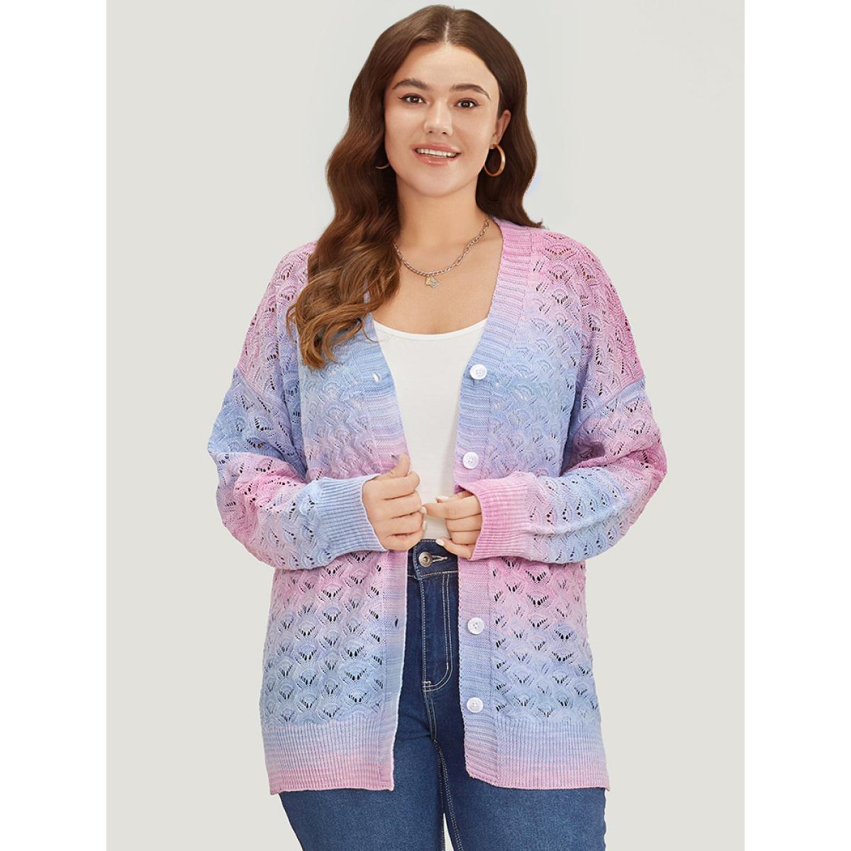 Plus Size Ombre Button Through Hollow Out Cardigan Multicolor Women Casual Loose Long Sleeve Dailywear Cardigans BloomChic 10/M Product Image