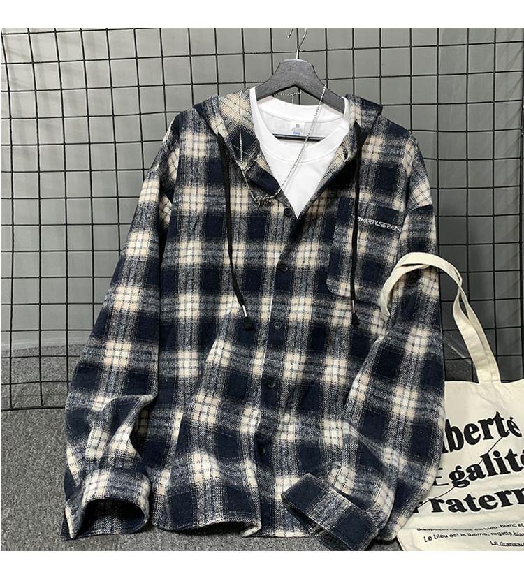 Plaid Drawstring Pocket Detail Hooded Button Jacket Product Image