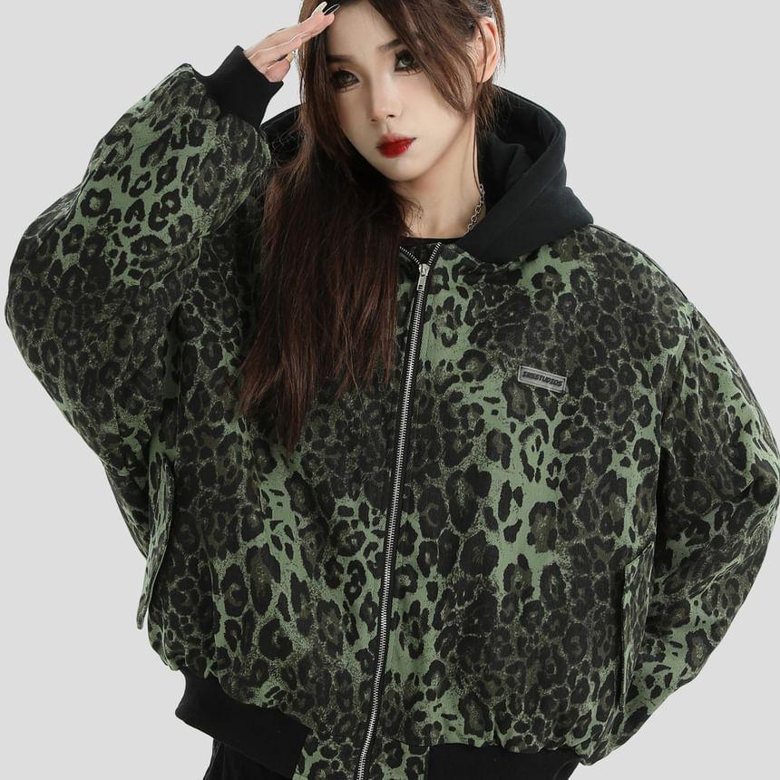 Leopard Print Zip-Up Hoodie Product Image