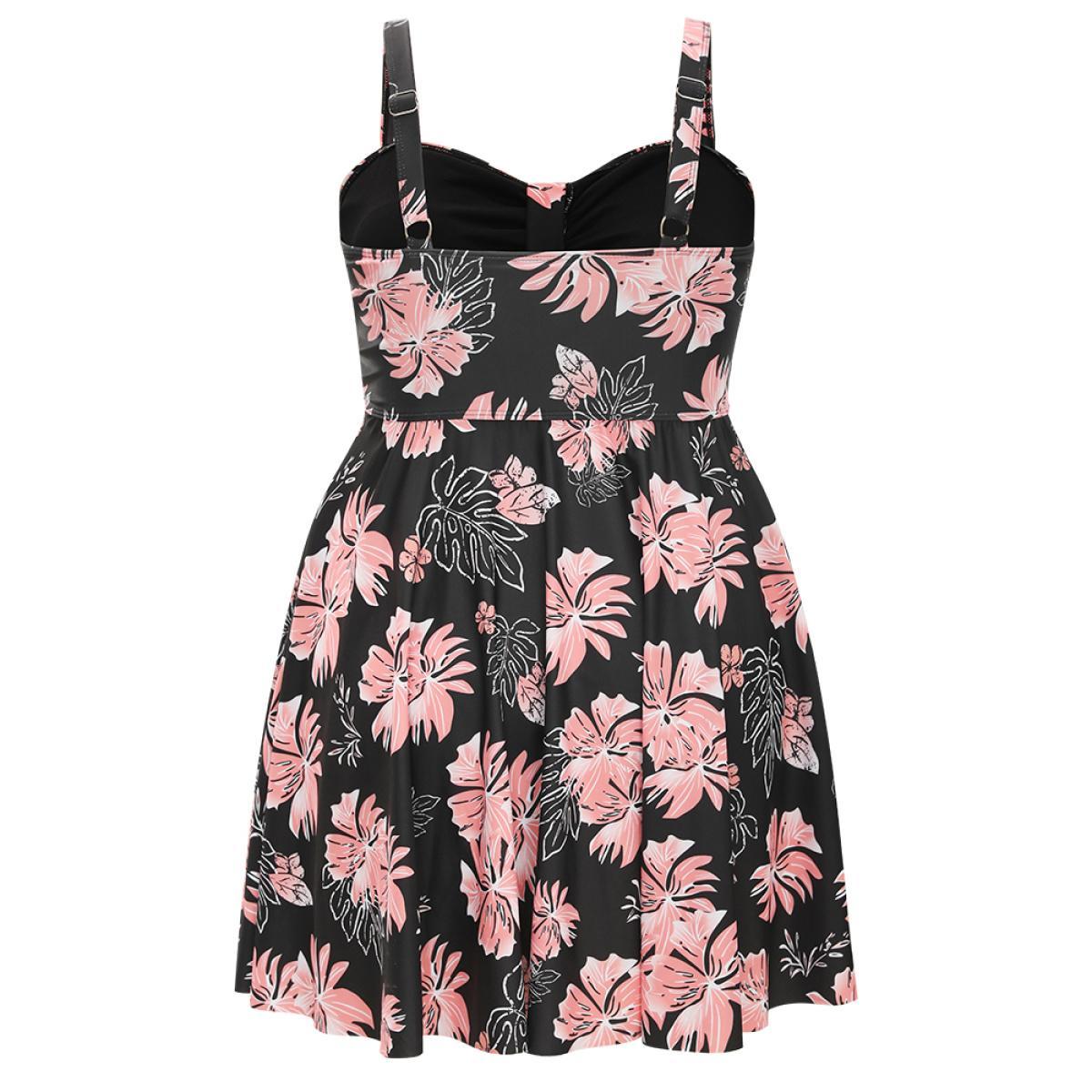 Plus Size Floral Print Gathered Adjustable Straps Swim Dress Women's Swimwear BlackFlower Vacation Bodycon Spaghetti Strap High stretch Curve Swim Dresses BloomChic 10/M Product Image