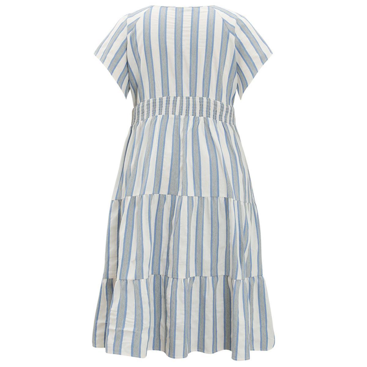 Plus Size Striped Contrast Pocket Shirred Flutter Tiered Dress Blue Women Resort Non V-neck Short sleeve Curvy Midi Dress BloomChic 28/5X Product Image