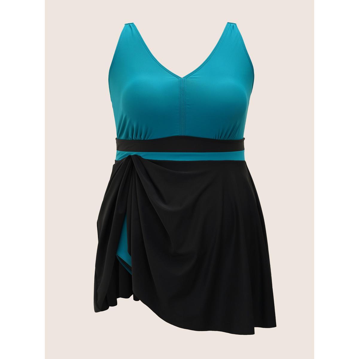 Plus Size V Neck Two Tone Patchwork Swim Dress Women's Swimwear Emerald Beach Bodycon V-neck High stretch Curve Swim Dresses BloomChic 28/5X Product Image