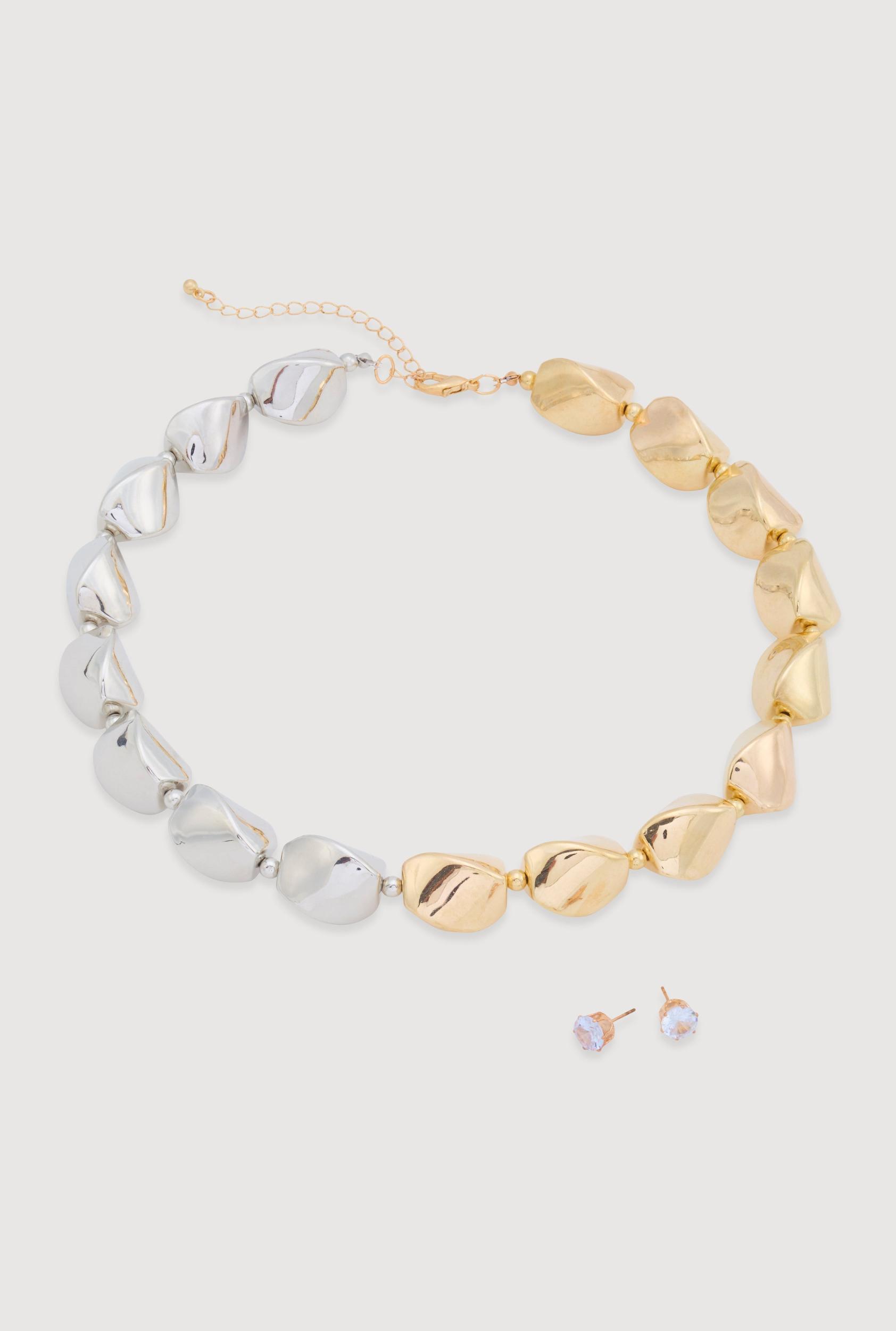 Sculpted Beaded Statement Necklace and Cubic Zirconia Earrings Female Product Image