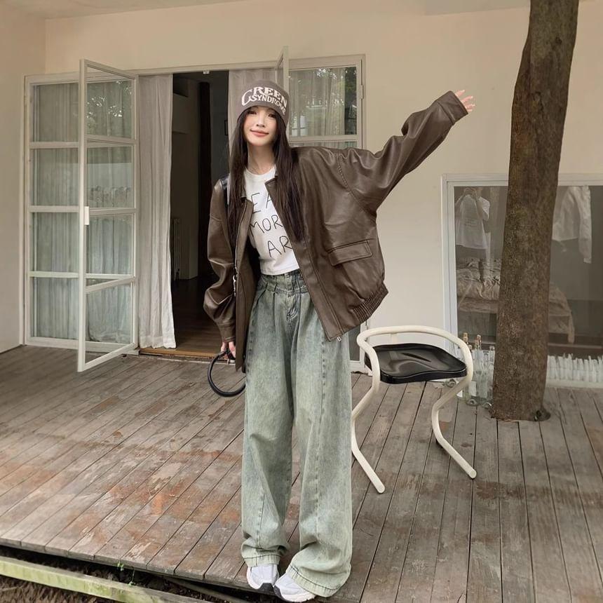 Long Sleeve Plain Faux Leather Loose-Fit Jacket Product Image