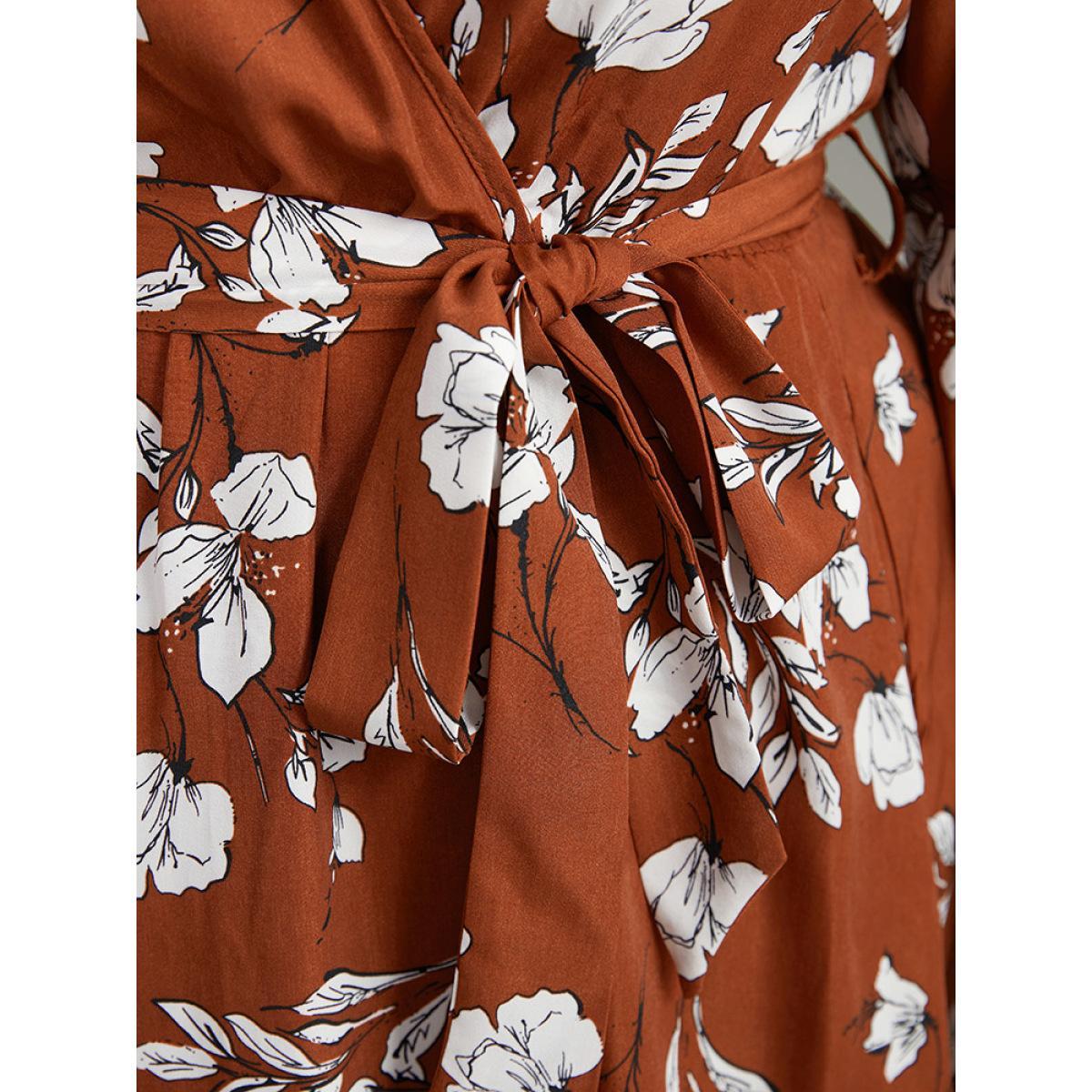 Plus Size Floral Print Wrap Hem Ties Dress Rust Women Elegant Elastic cuffs Overlap Collar Long Sleeve Curvy Midi Dress BloomChic 30/6X Product Image