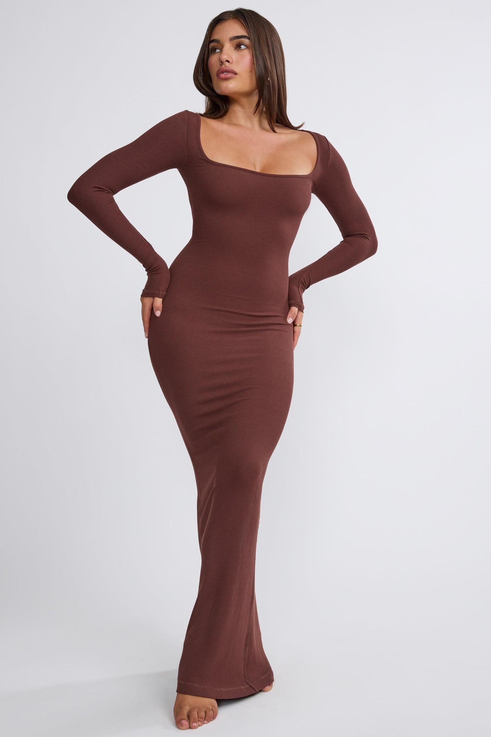 Ribbed Modal Long Sleeve Maxi Dress in Chocolate Product Image