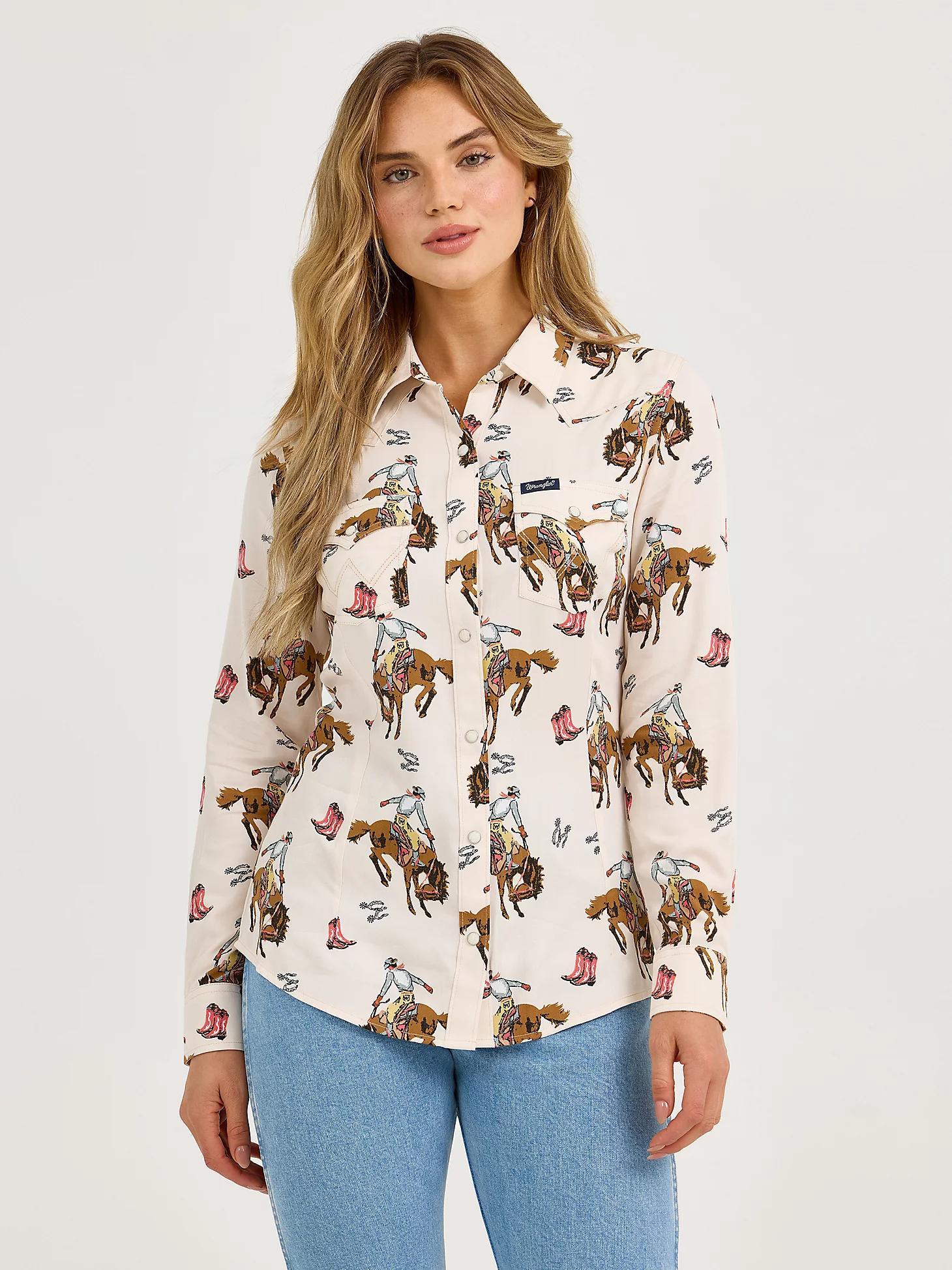 Women's Wrangler Bold Bucking Cowboy Western Snap Shirt | Women's TOPS | Wrangler® Product Image