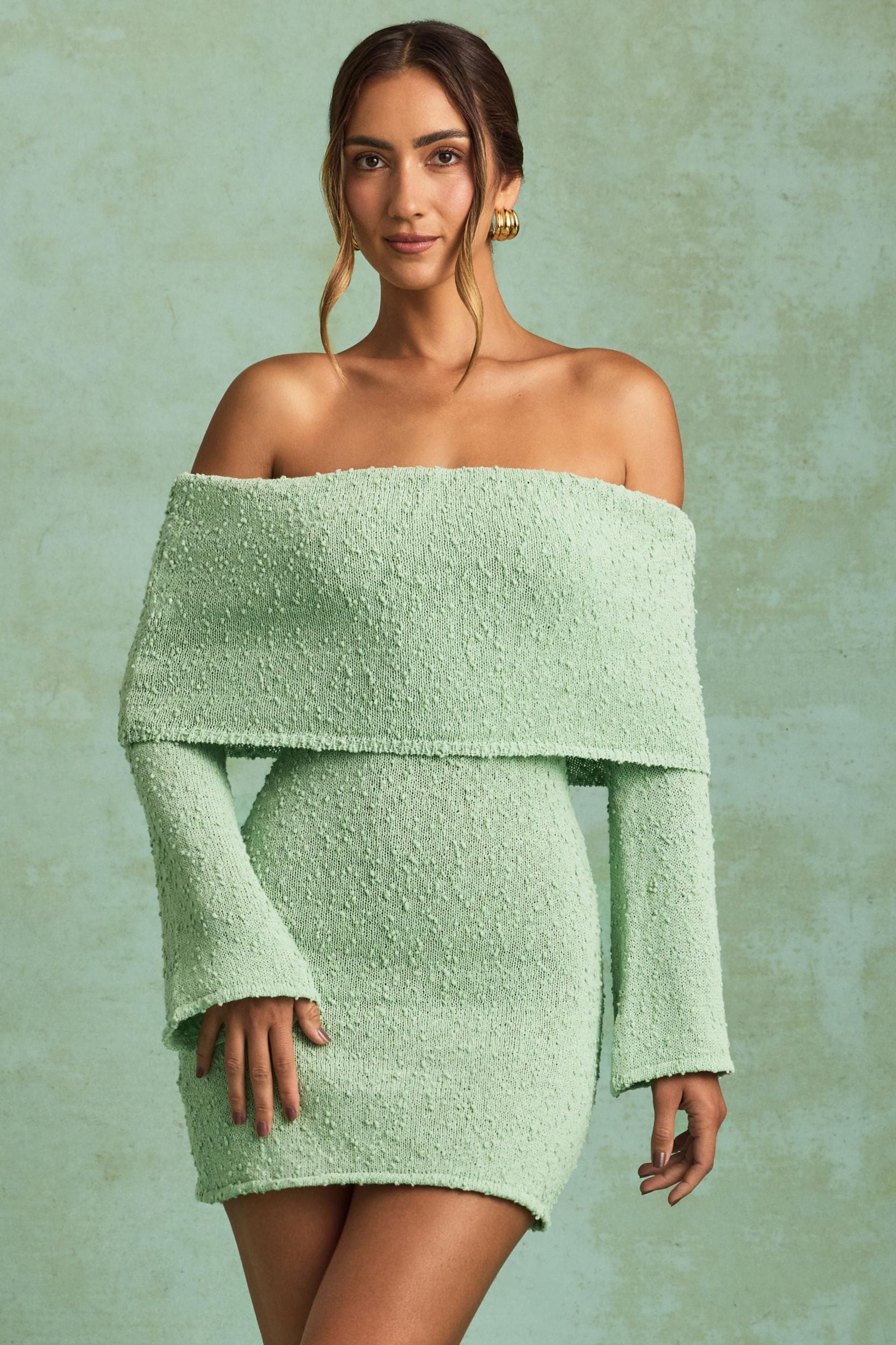 Bouclé Off-Shoulder Mini Dress in Mint Product Image