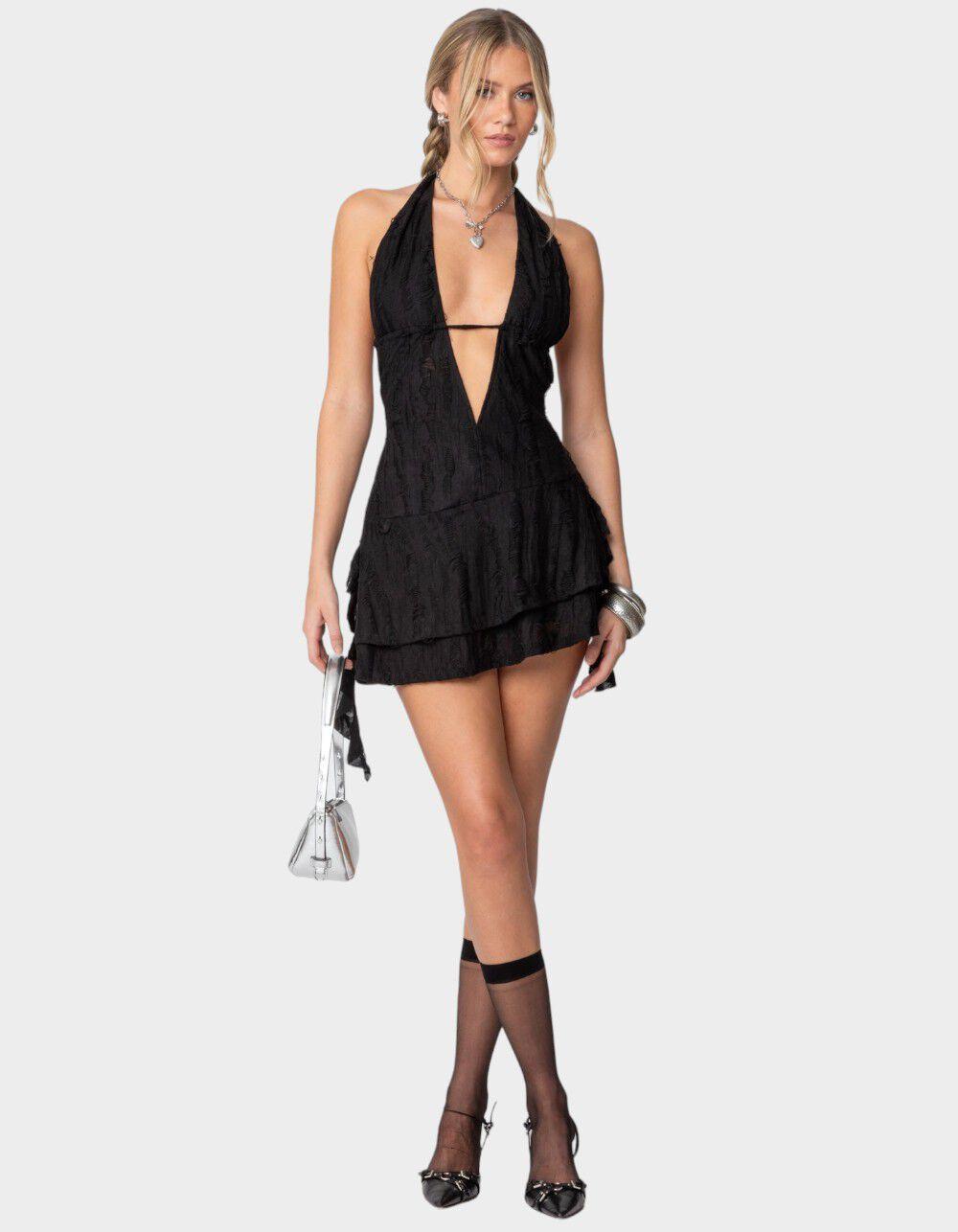 EDIKTED Shredded Backless Halter Mini Dress Product Image