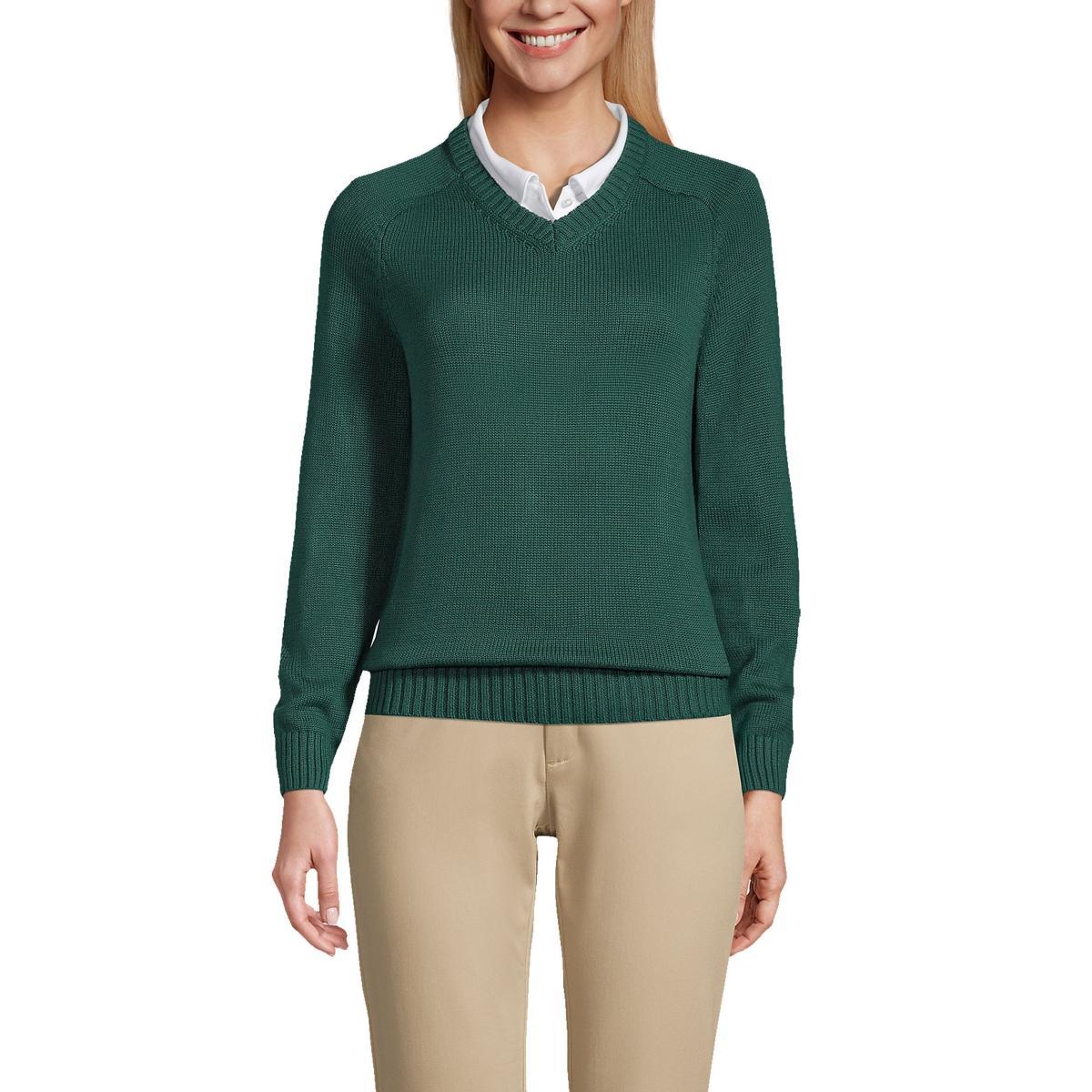 Women's Lands' End Cotton Modal V-Neck Sweater, Size: Large, Green Product Image