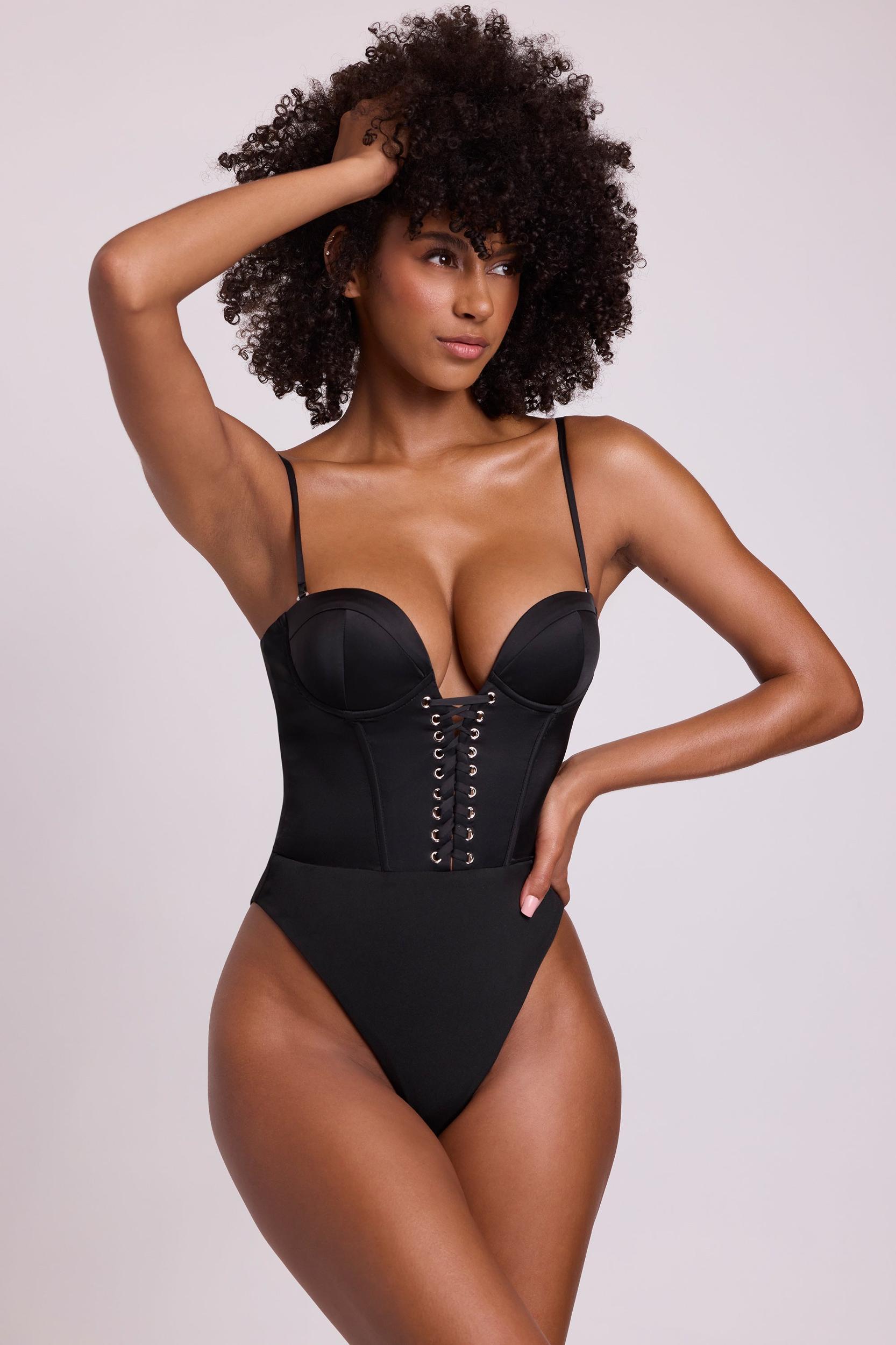 Satin Plunge Neck Lace Up Corset Bodysuit in Black Product Image