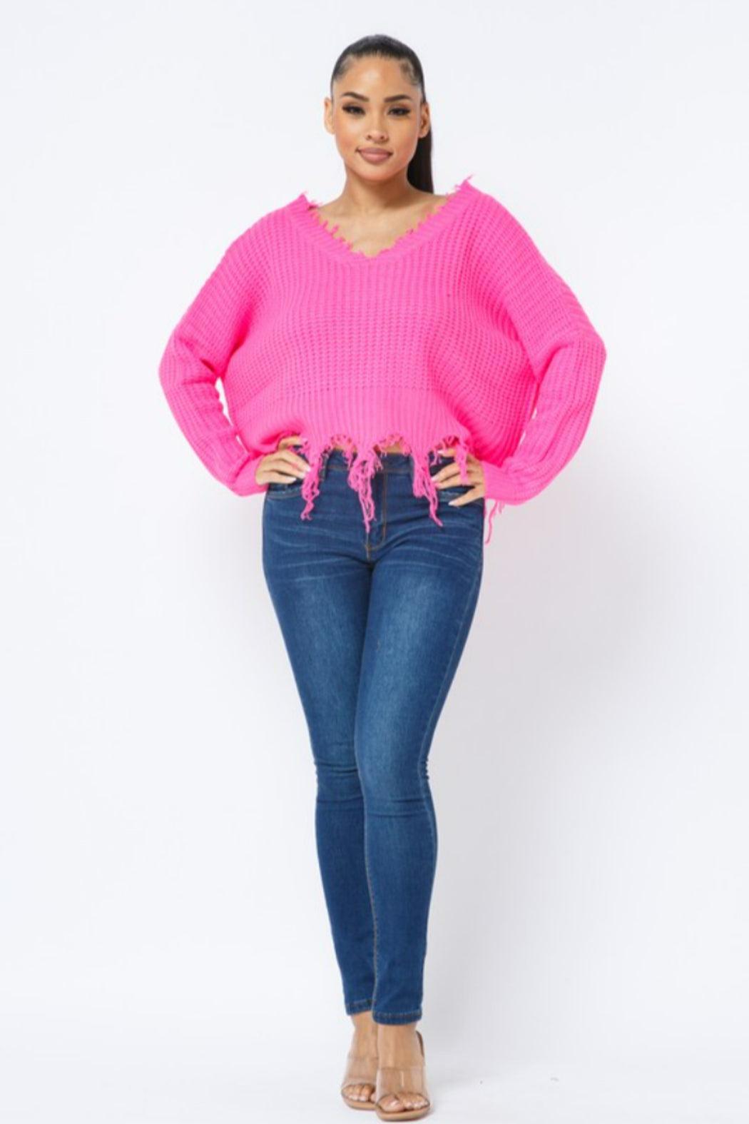 Solid Distressed V-Neck Sweater Product Image