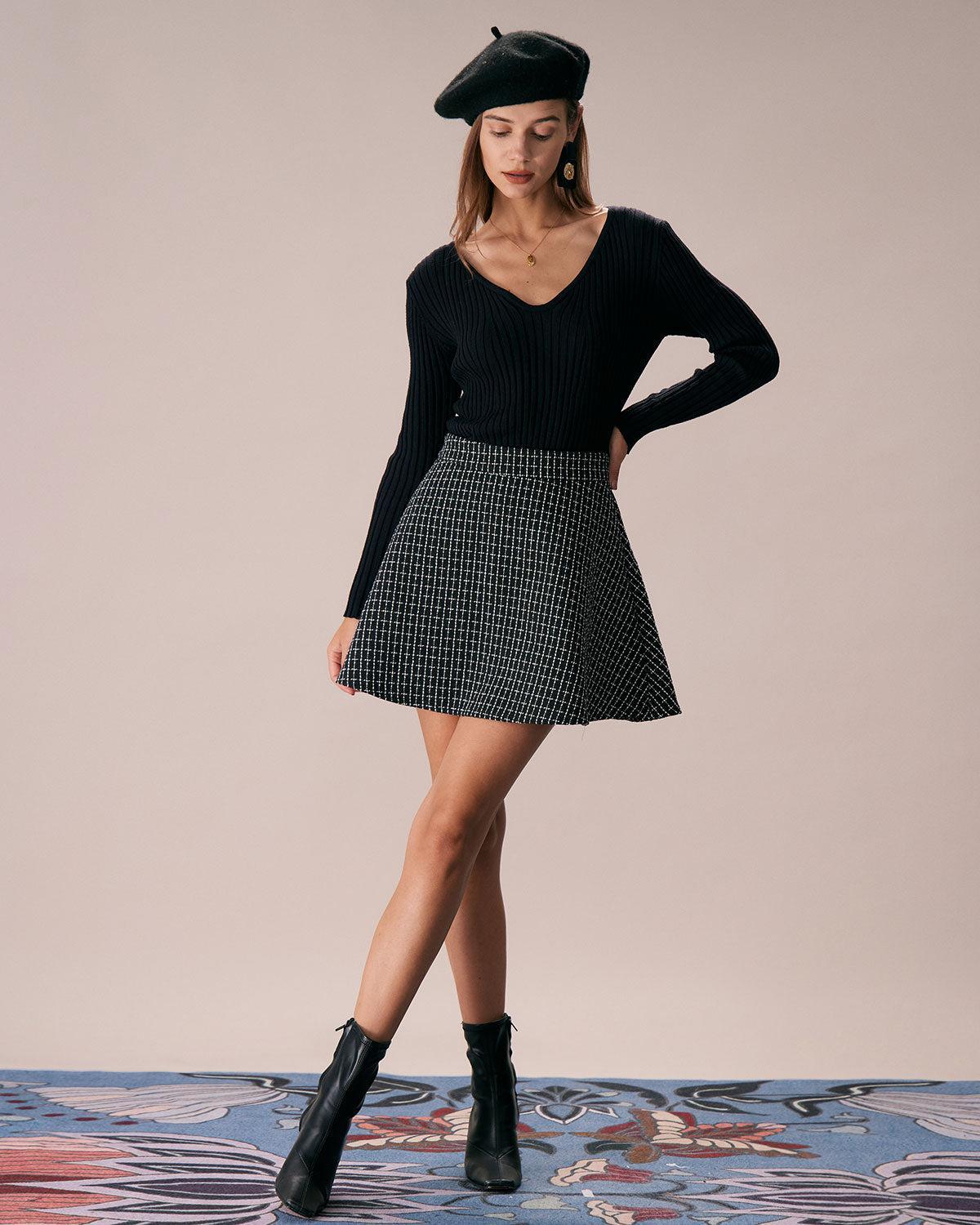 The Black High Waisted Plaid Tweed Mini Skirt Product Image