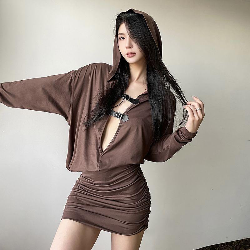 Long-Sleeve Hooded Plain Bucked Mini Bodycon Dress Product Image