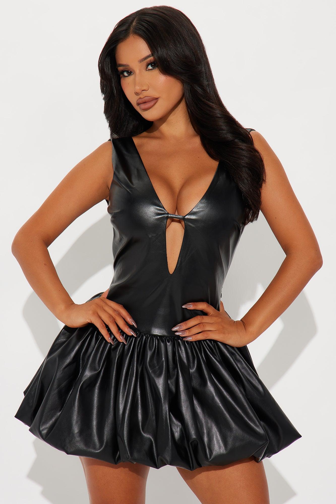 Hardcore Faux Leather Bubble Mini Dress - Black Product Image