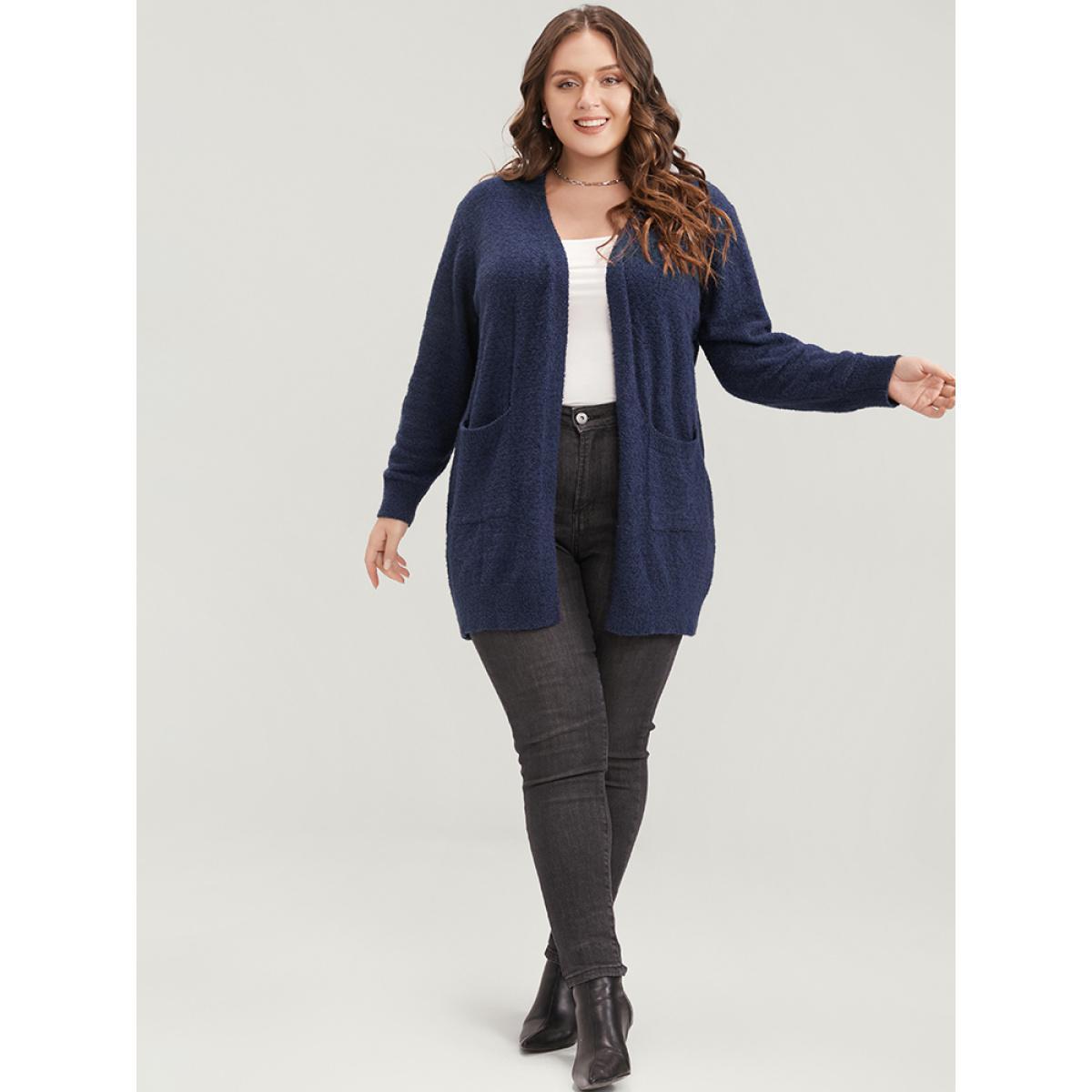 Plus Size Solid Super Soft Plush Knit Open Front Cardigan DarkBlue Women Casual Loose Long Sleeve Work Cardigans BloomChic 14-16/1X Product Image