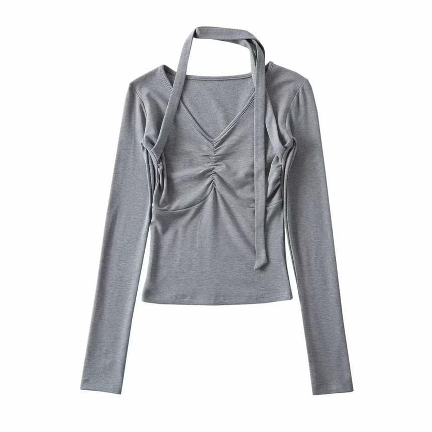 Long-Sleeve Halter-Neck Plain Shirred T-Shirt Product Image