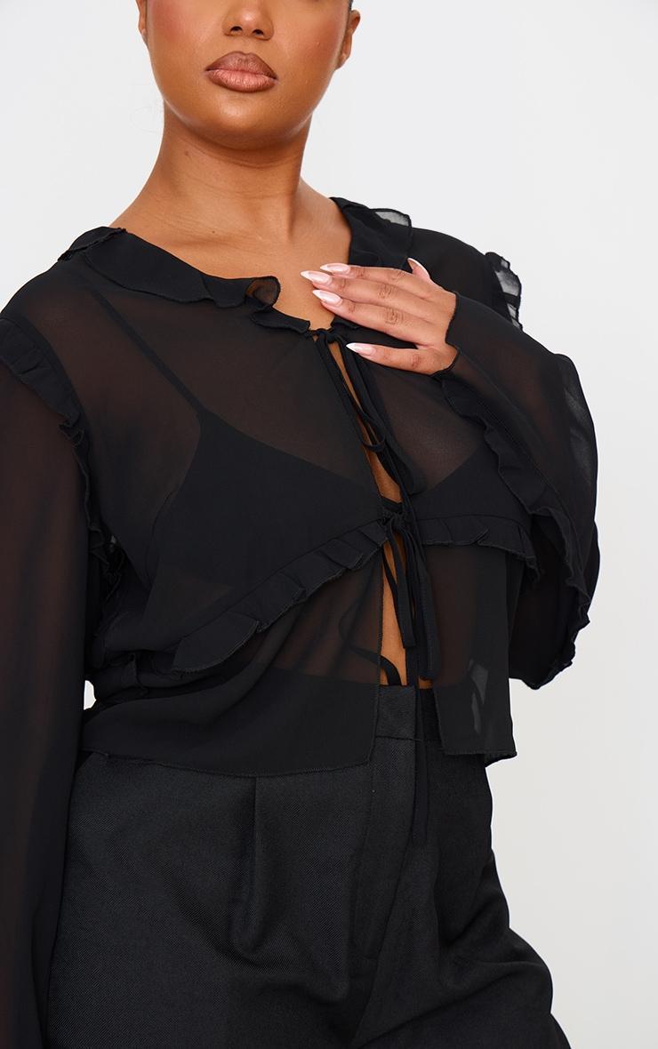 Plus Black Chiffon Ruffle Fitted Tie Front Blouse Product Image