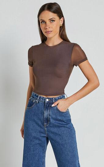Rhianna Top - Short Sleeve Mesh Crop Top in Brown Product Image