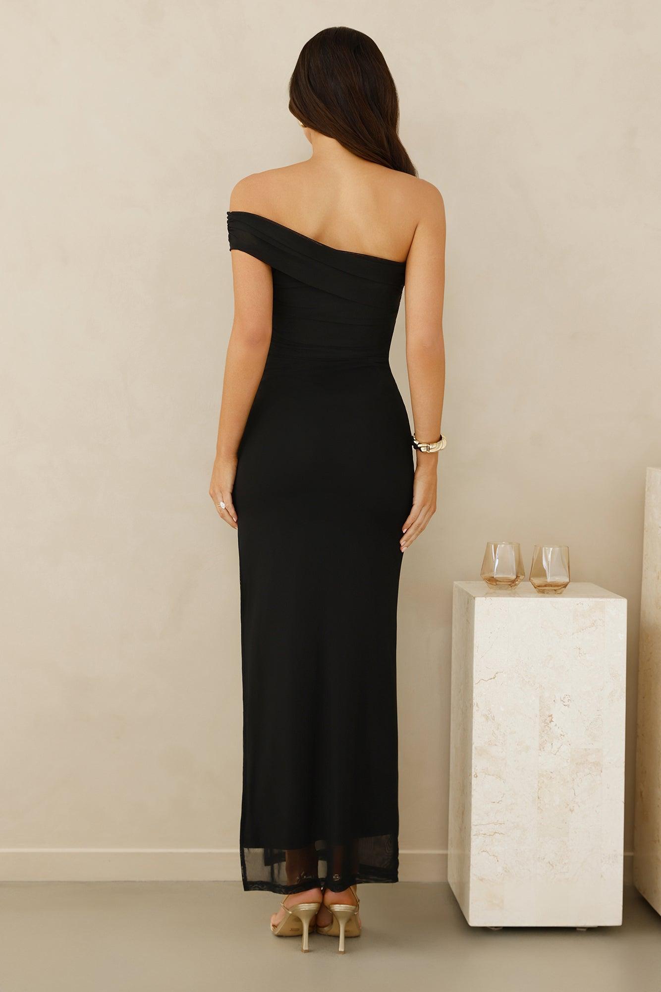 Berry Fresh Mesh One Shoulder Maxi Dress Black Product Image