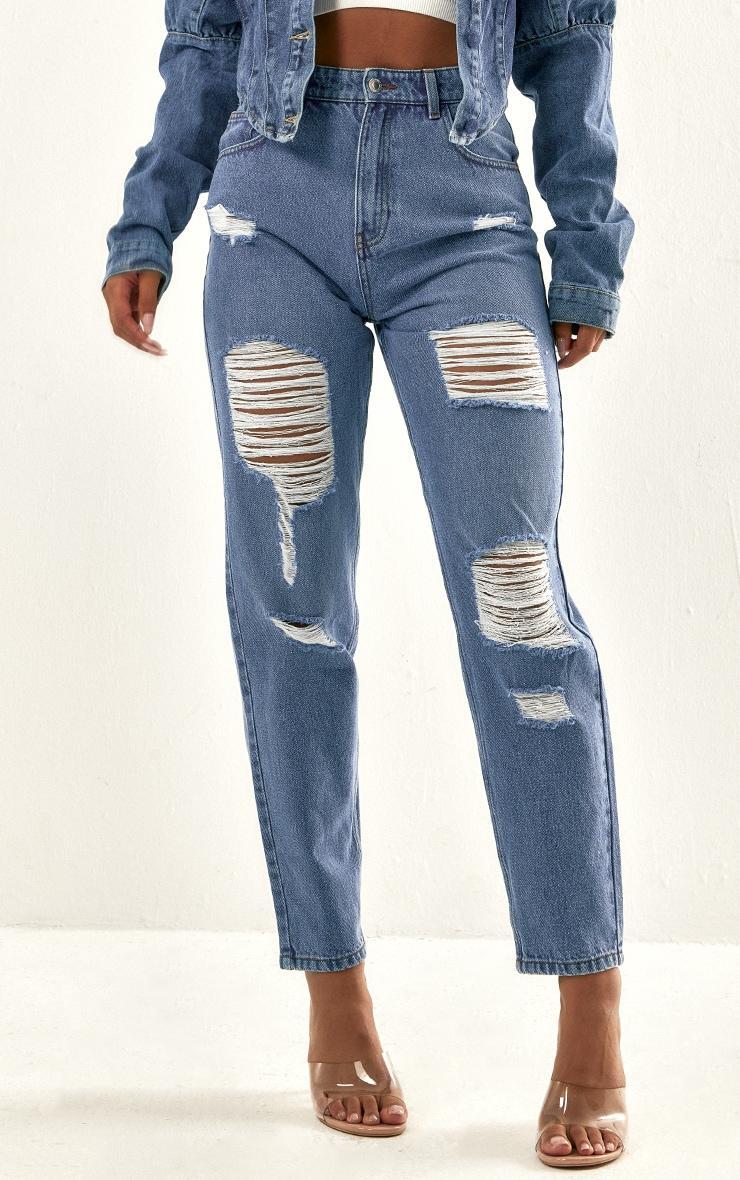 PRETTYLITTLETHING Mid Blue Wash Distressed Mom Jeans Product Image