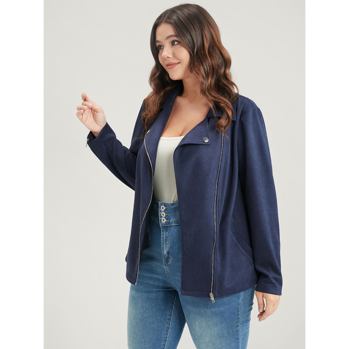 Plus Size Solid Lapel Collar Pocket Zip Up Coat Women Indigo Casual Zipper Ladies Dailywear Winter Coats BloomChic 22-24/3X Product Image