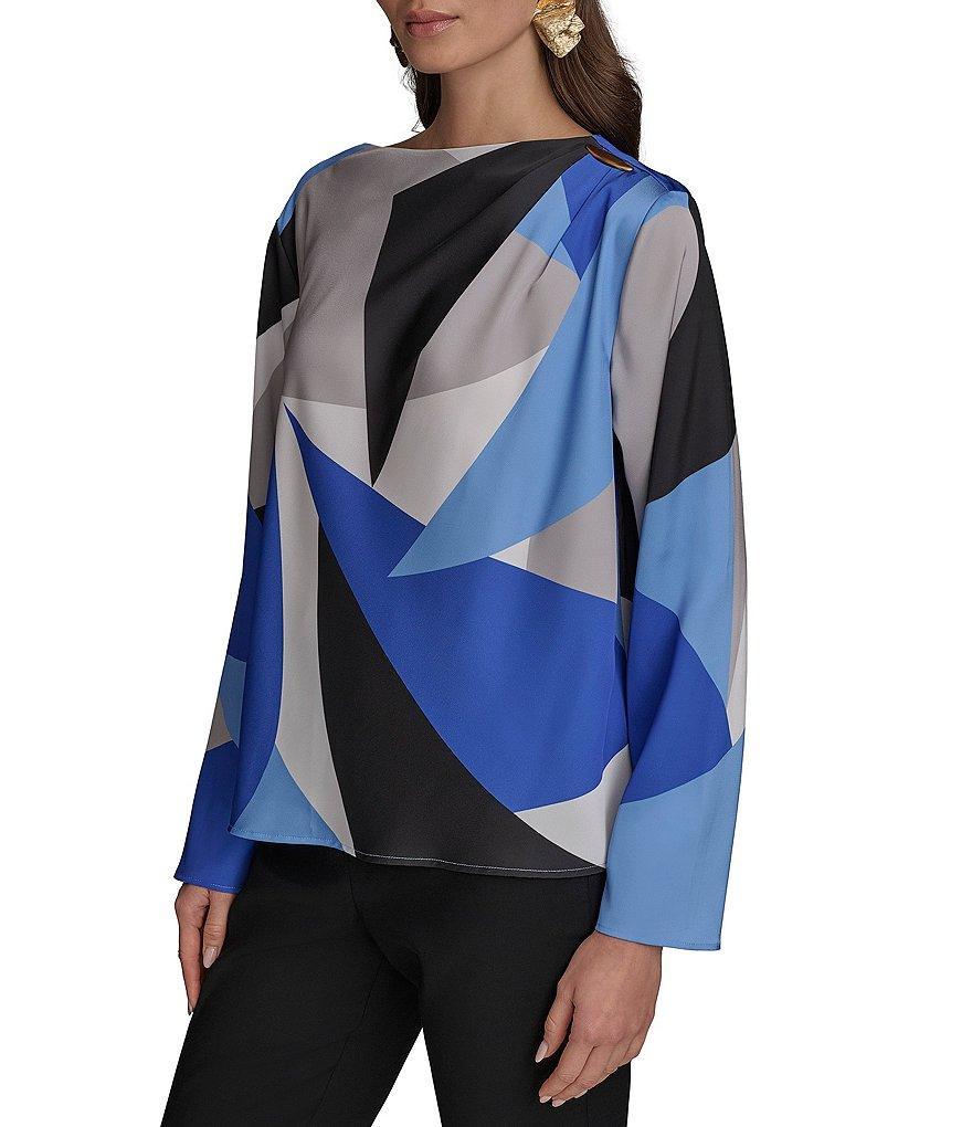 Donna Karan Gold Shoulder Hardware Geometric Printed Boat Neck Long Sleeve Top Product Image