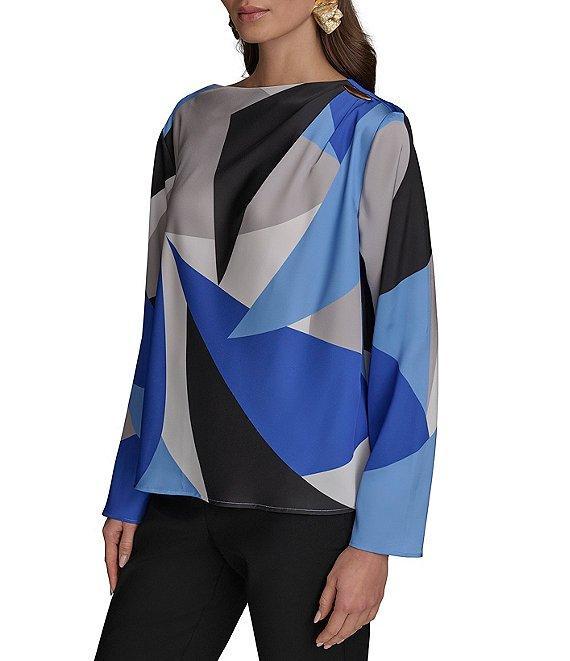 Donna Karan Gold Shoulder Hardware Geometric Printed Boat Neck Long Sleeve Top Product Image
