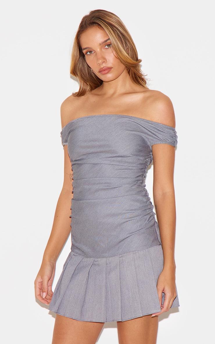 Grey Bardot Ruched Detail Pleated Shift Dress Product Image