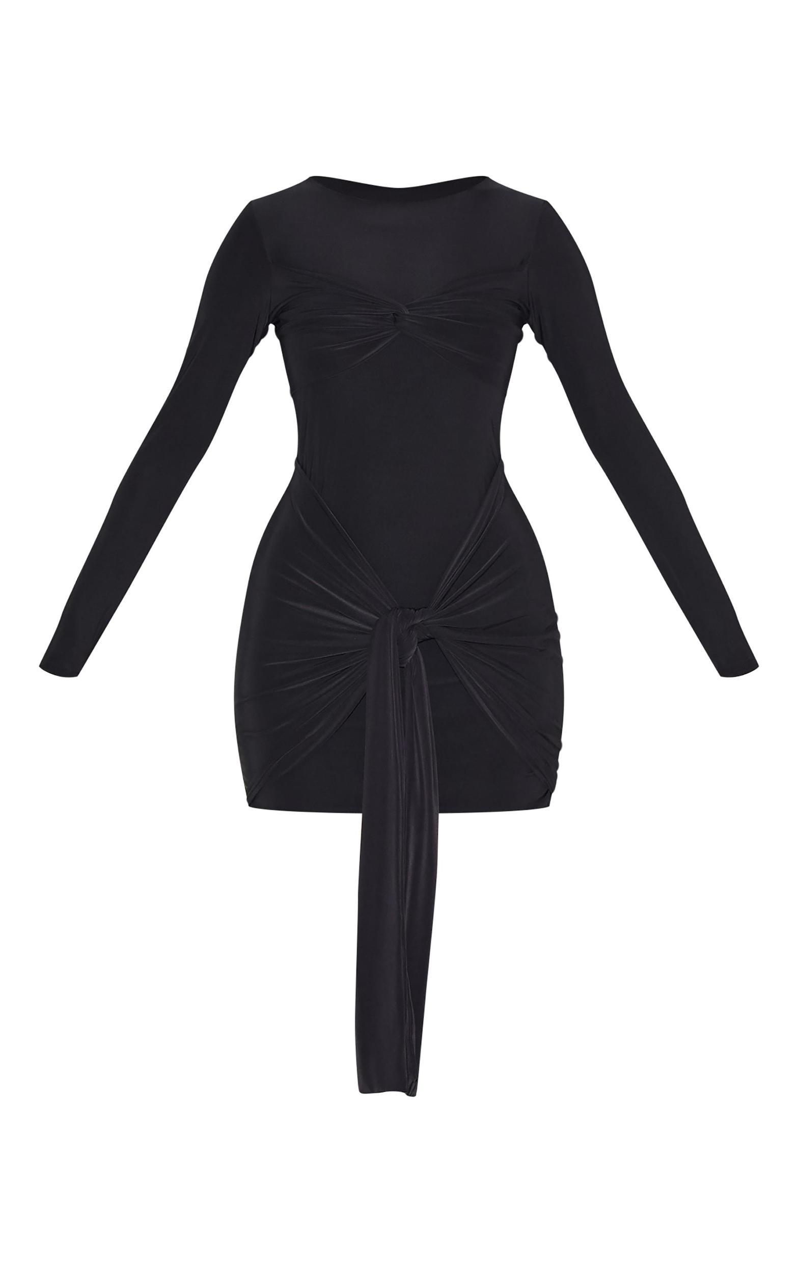Black Slinky Long Sleeve Wrap Twist Detail Mini Dress Product Image