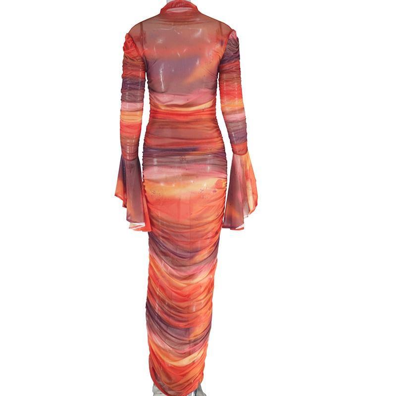 Flared-Sleeve Mock Neck Tie Dye Maxi Sheath Dress Product Image