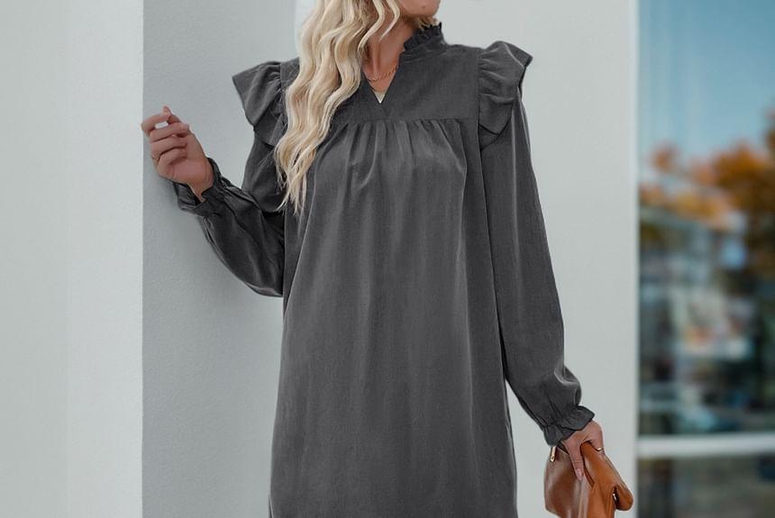 Long-Sleeve V-Neck Plain Ruffle Trim Mini Shift Dress Product Image