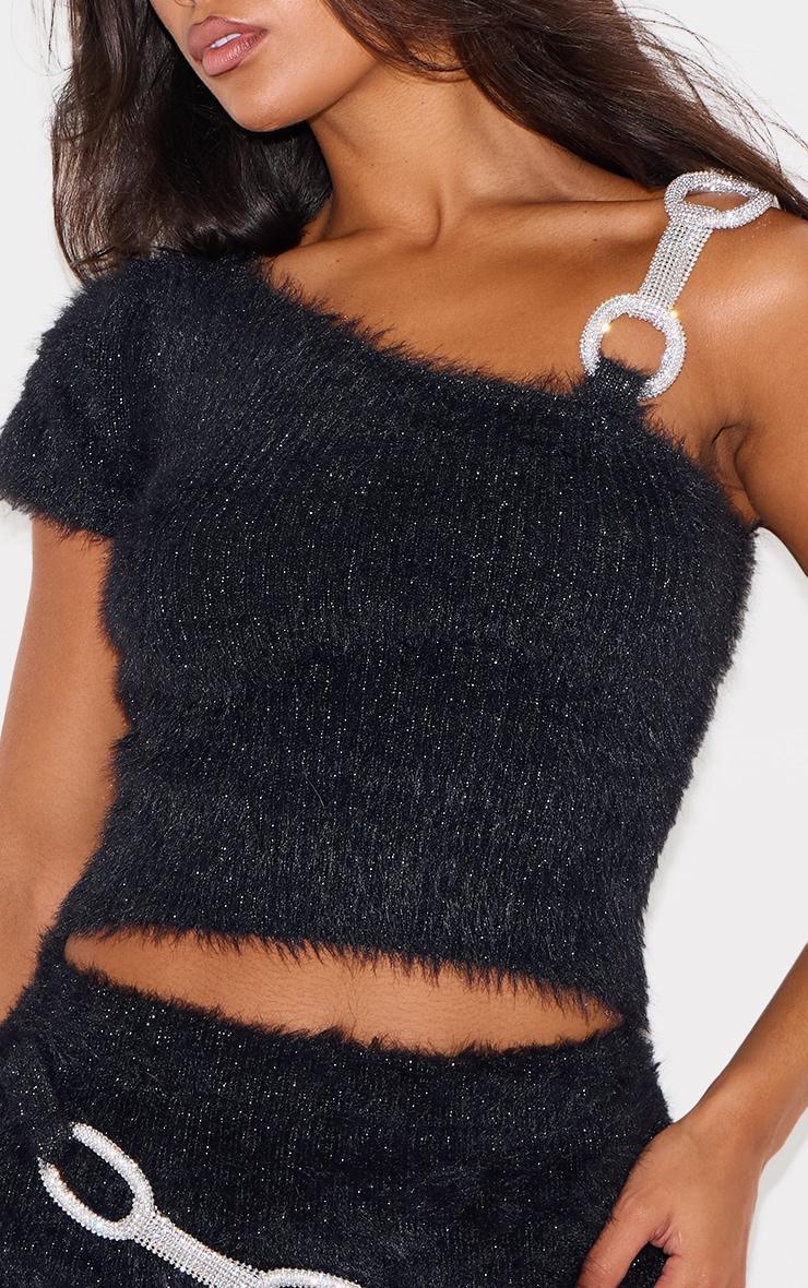 Black Eyelash Knit Silver Chain Trim Asymmetric Top Product Image