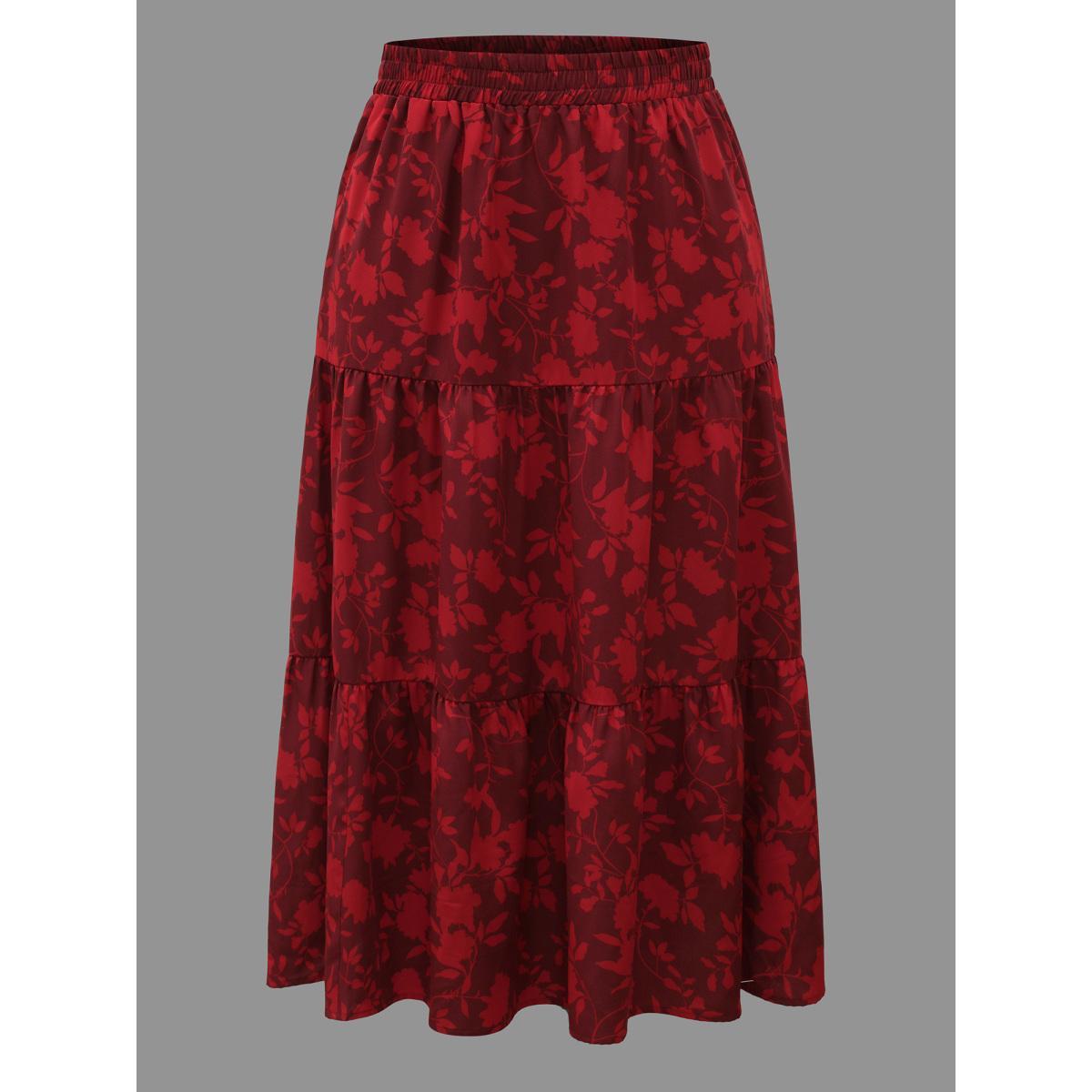 Plus Size Silhouette Floral Print Ruffle Layered Hem Skirt Women Deepred Elegant Loose Low stretch Side seam pocket Everyday Skirts BloomChic 10/M Product Image