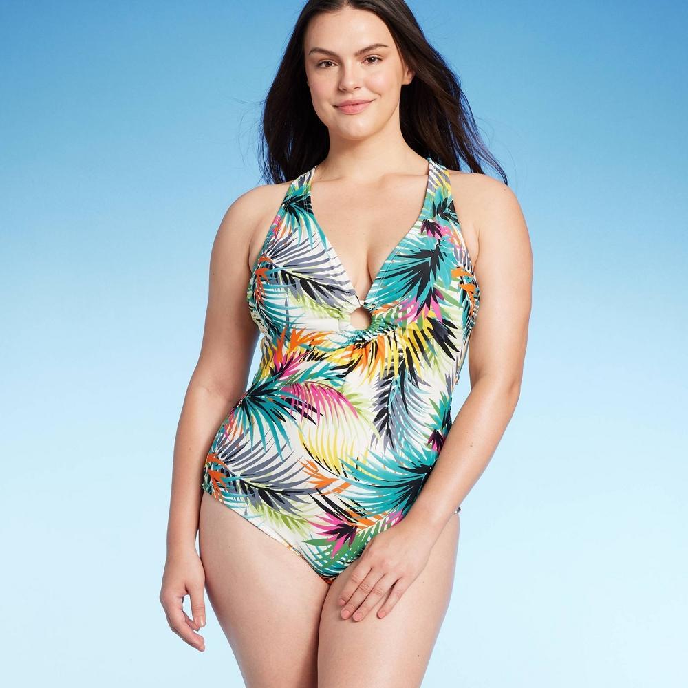 Womens Plunge Ring Detail One Piece Swimsuit - Shade & Shore Multi Tropical Print Product Image