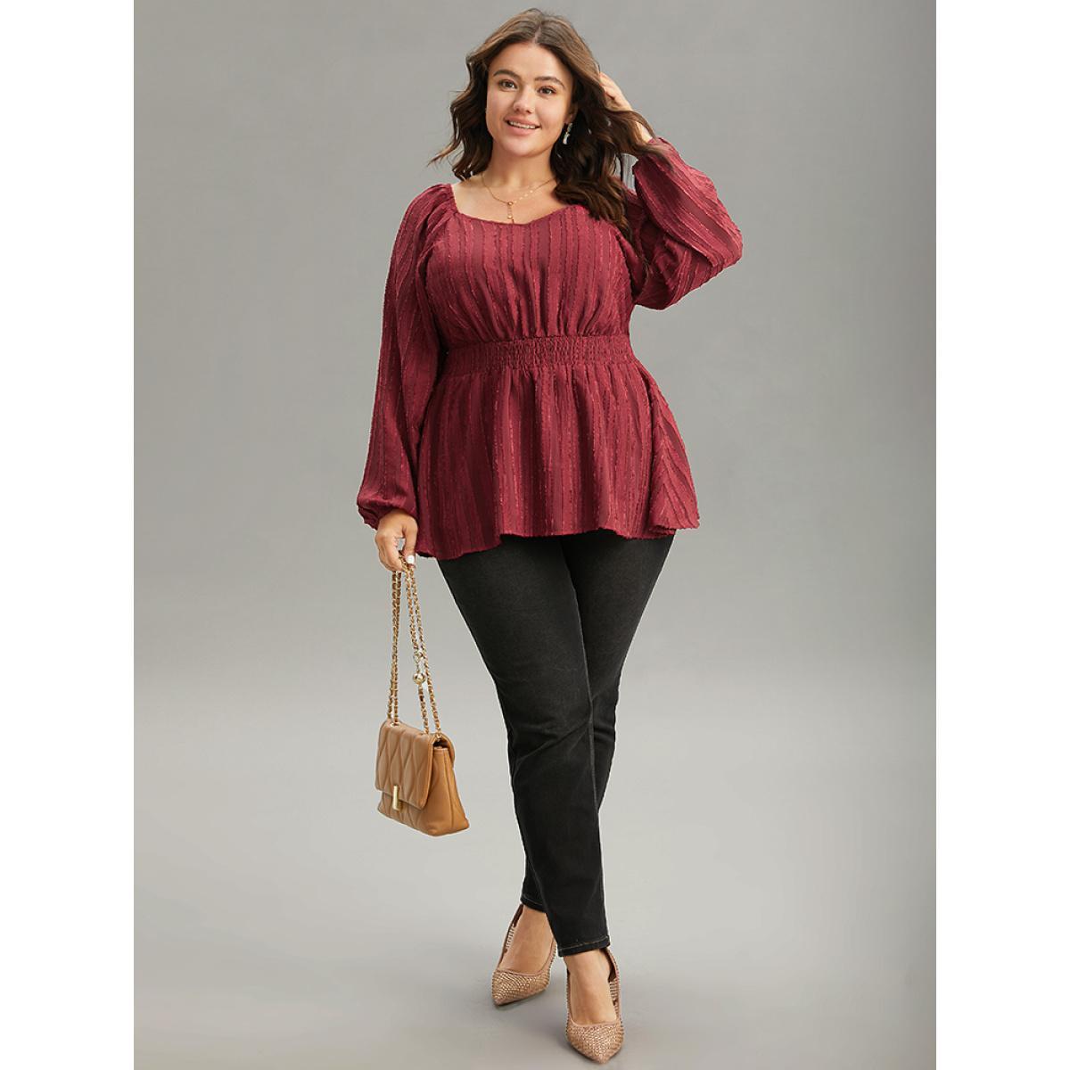 Plus Size Scarlet Plain Textured Shirred Lantern Sleeve Gathered Blouse Women Glamour Long Sleeve Square Neck Party Blouses BloomChic 14-16/1X Product Image