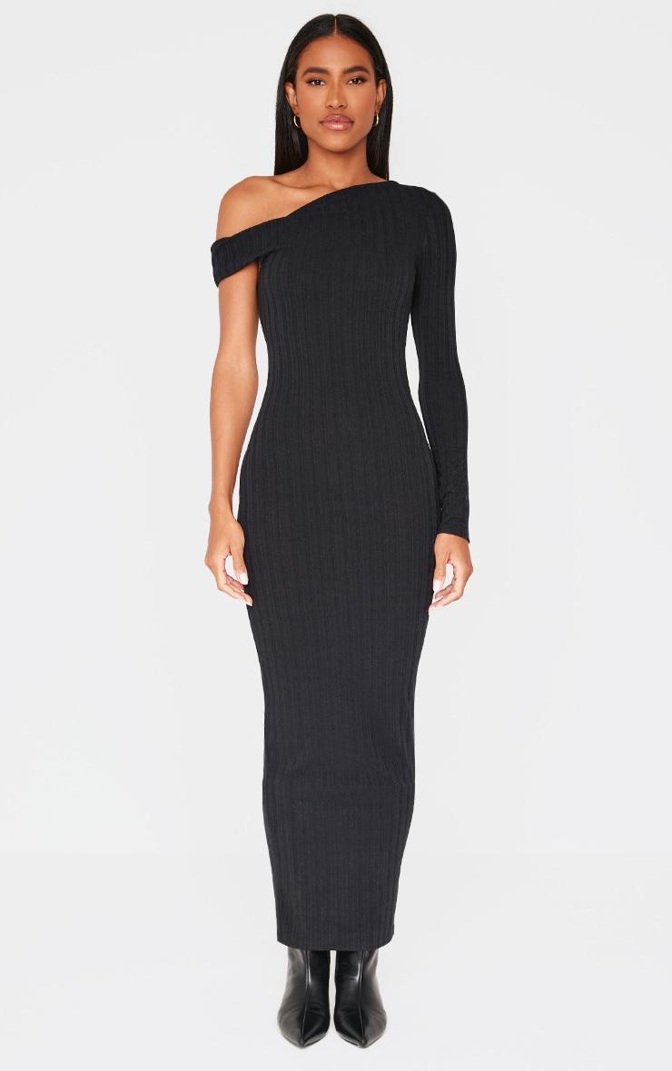 Black Ribbed Asymmetric Maxi Dress Product Image