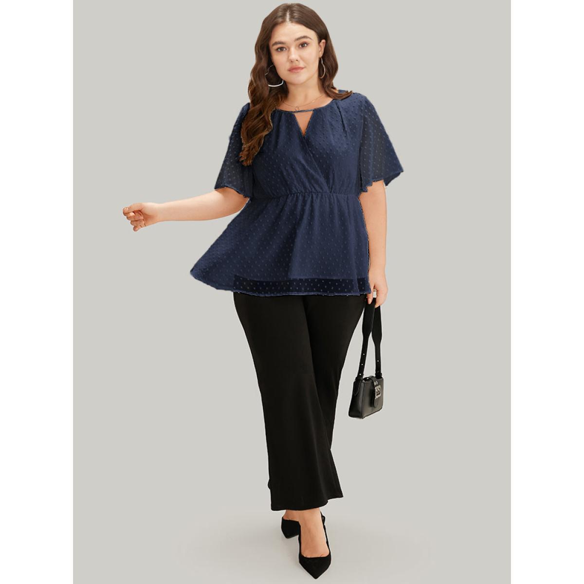 Plus Size Indigo Polka Dot Keyhole Mesh Gathered Flutter Sleeve Blouse Women Office Short sleeve V-neck Work Blouses BloomChic 12/L Product Image