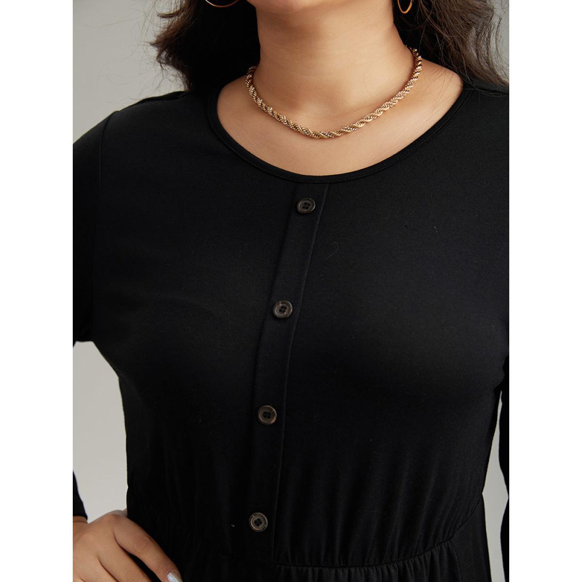 Plus Size Supersoft Essentials Solid Button Detail Dress Black Women Casual Plain Round Neck Long Sleeve Curvy Midi Dress BloomChic 12/L Product Image