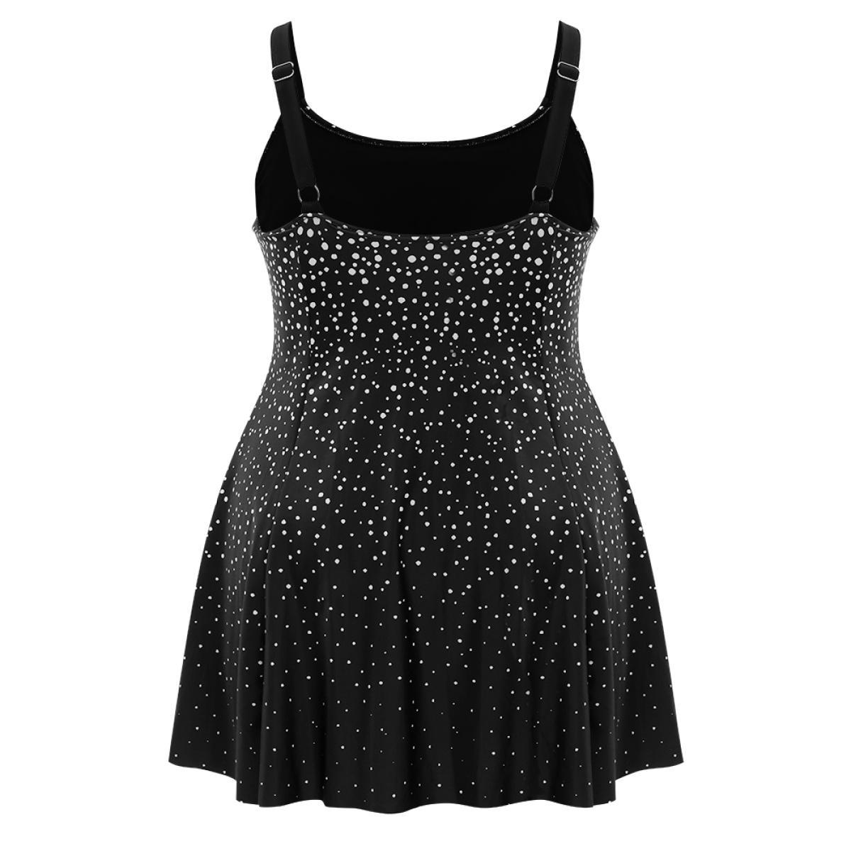 Plus Size Polka Dot Sculpt Waist A Line Swim Dress Women's Swimwear Black Vacation Bodycon High stretch Curve Swim Dresses BloomChic 26/4X Product Image