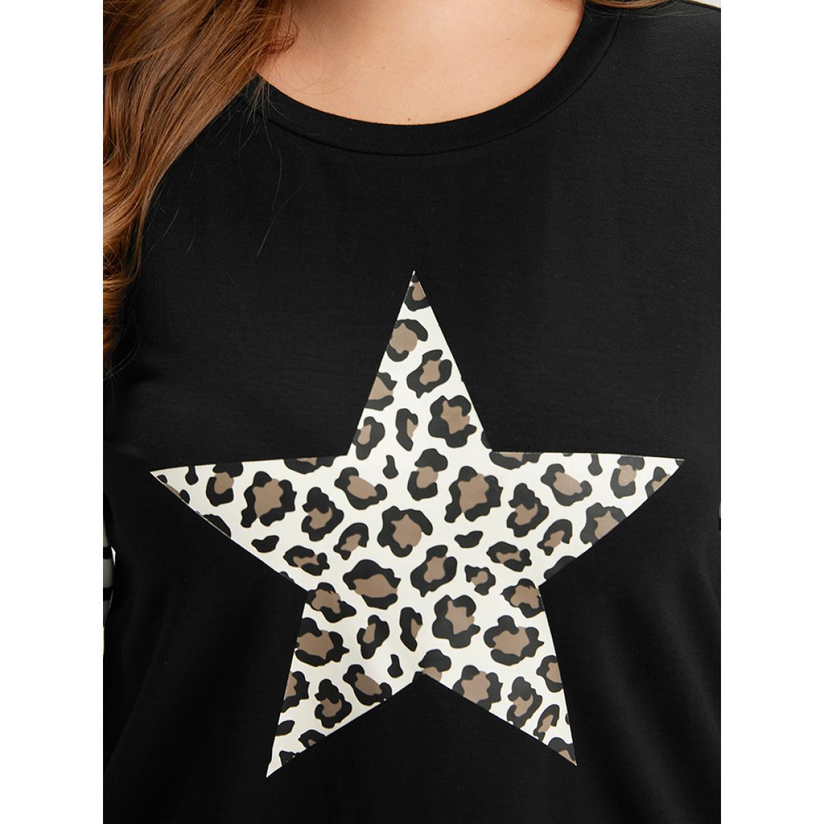 Plus Size Star Leopard Print Striped Patchwork Crew Neck Sweatshirt Women Black Casual Elastic cuffs Dailywear Sweatshirts BloomChic 26/4X Product Image