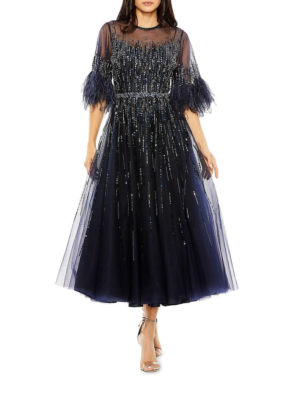 Womens Feather-Trimmed Sequined A-Line Gown Product Image