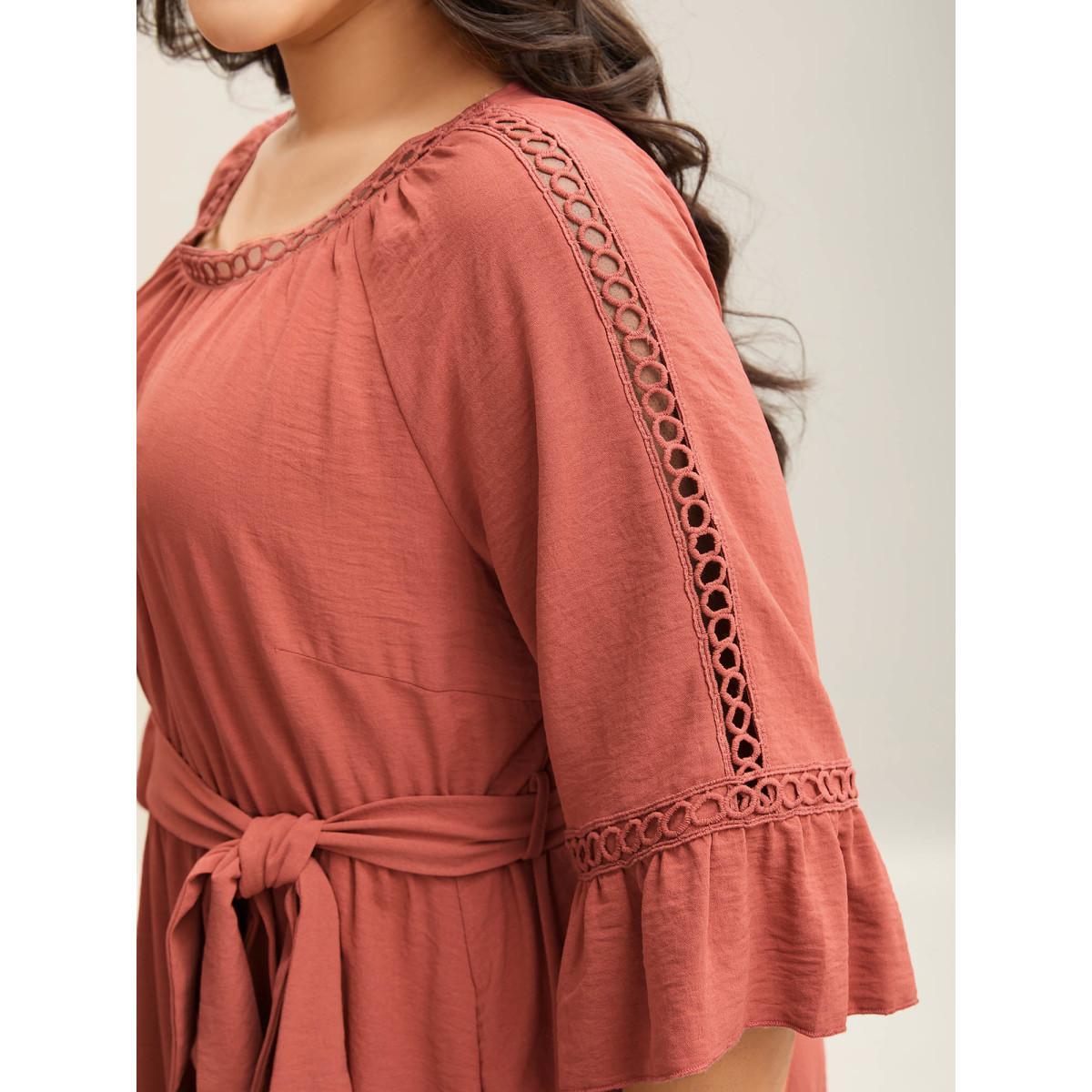 Plus Size Lace Waist-Tie Pockets Midi Dress Salmon Women Belted Round Neck Elbow-length sleeve Curvy BloomChic 12/L Product Image