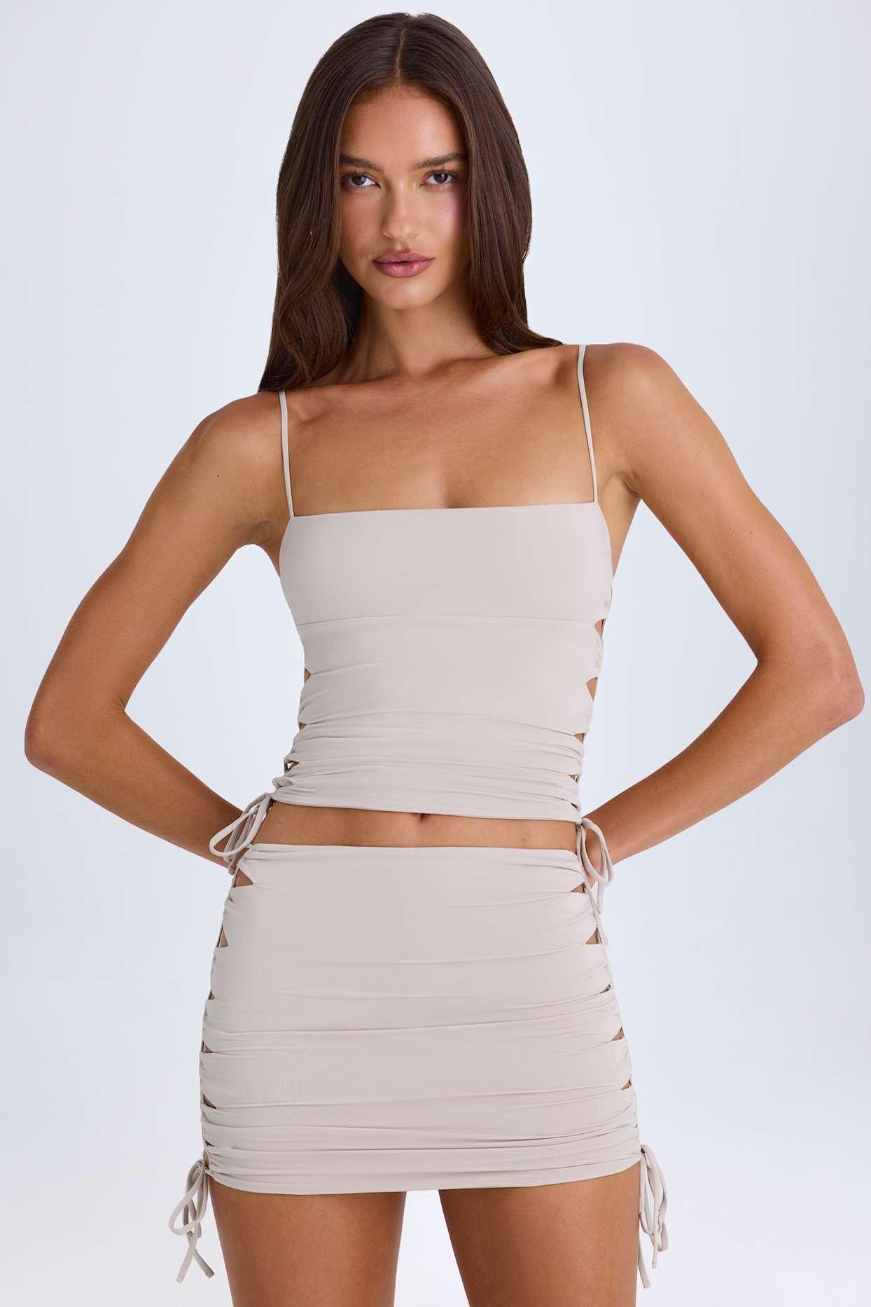 Ruched Cut-Out Mini Skirt in Taupe Product Image