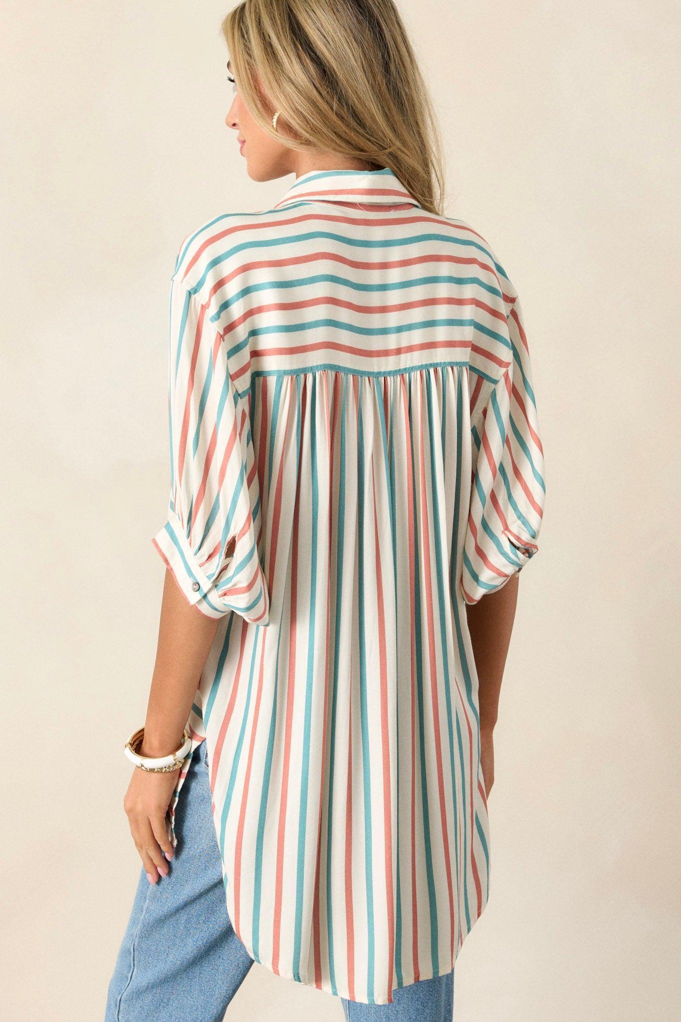 Dream Weaver Ivory Button Front Stripe Collared Shirt Product Image