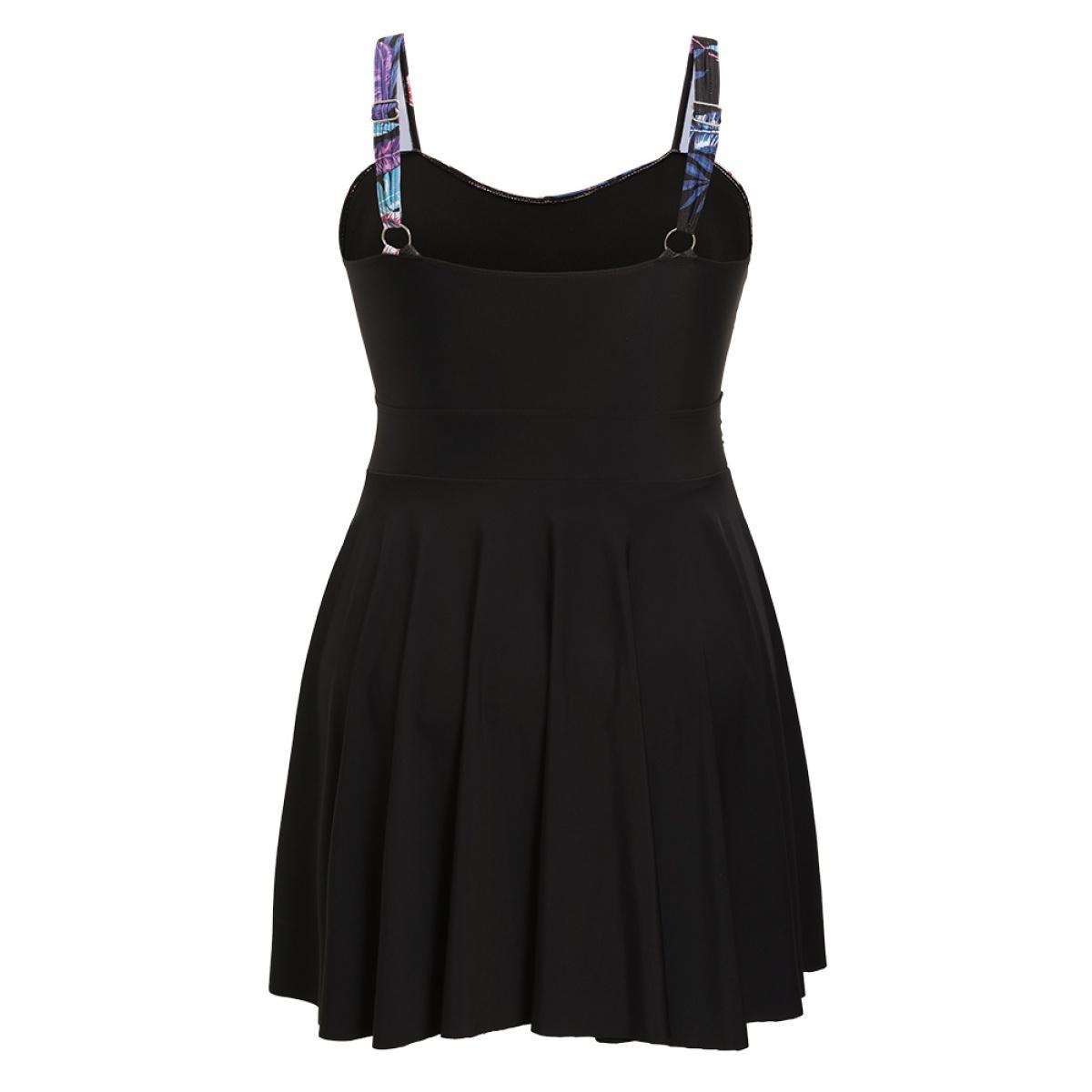 Plus Size Floral Patchwork Flutter Hem Empire Waist Swim Dress Women's Swimwear Black Vacation Bodycon Spaghetti Strap High stretch Curve Swim Dresses BloomChic 14-16/1X Product Image