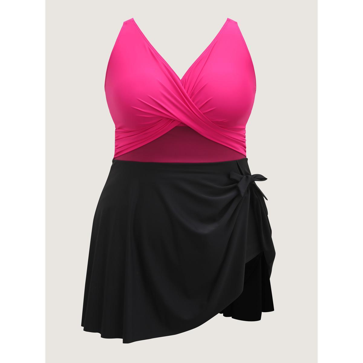 Plus Size Color Block Overlap Bodice Swim Dress Women's Swimwear Rosered Beach Bodycon Heart neckline High stretch Curve Swim Dresses BloomChic 18-20/2X Product Image