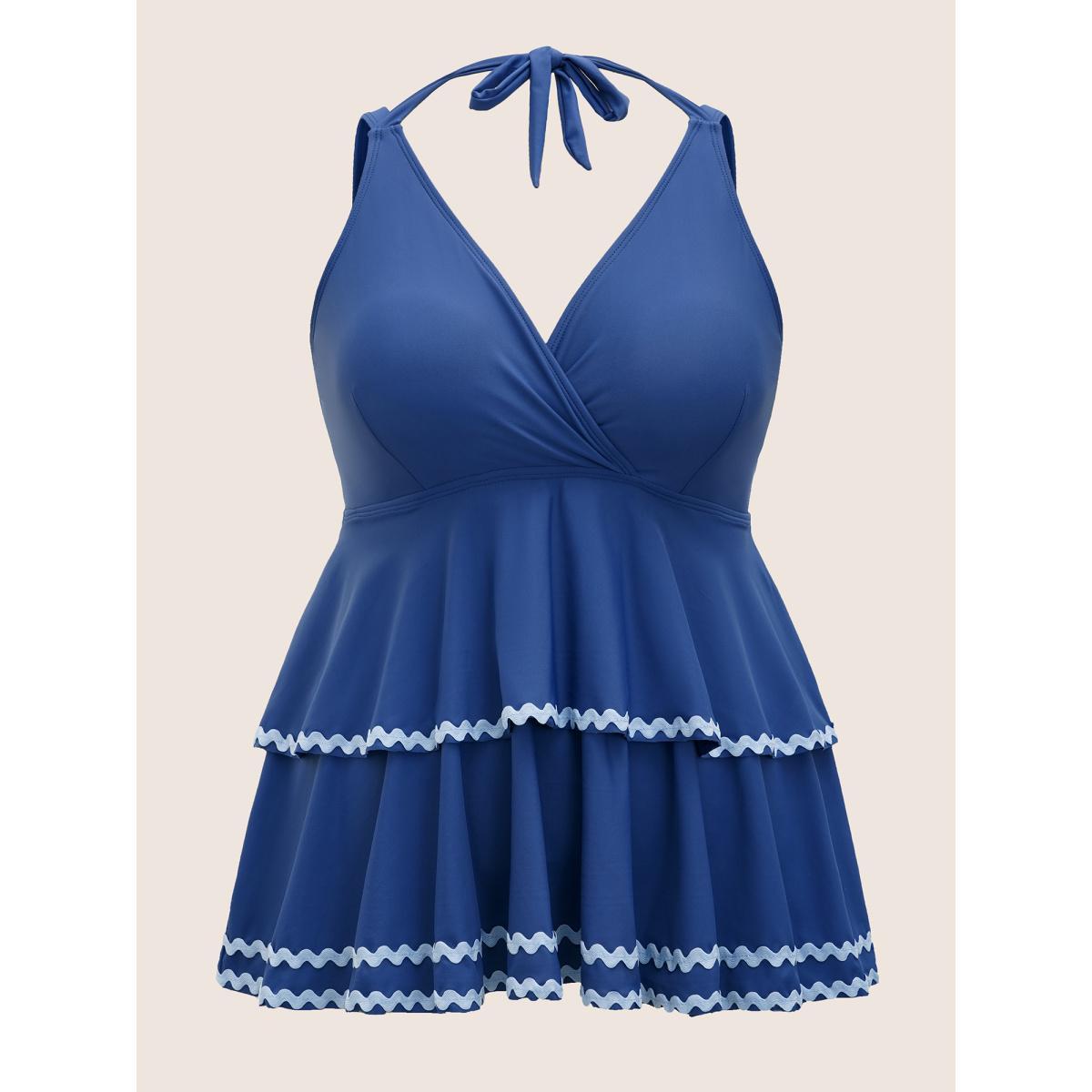 Plus Size Woven Ribbon Patchwork Tie Knot Swim Top Women's Swimwear Mediumblue Beach Woven ribbon&lace trim High stretch Bodycon Overlap Collar Curve Swim Tops BloomChic 28/5X Product Image
