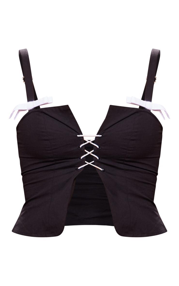 Black Woven Lace Up Front Bow Detail Top Product Image